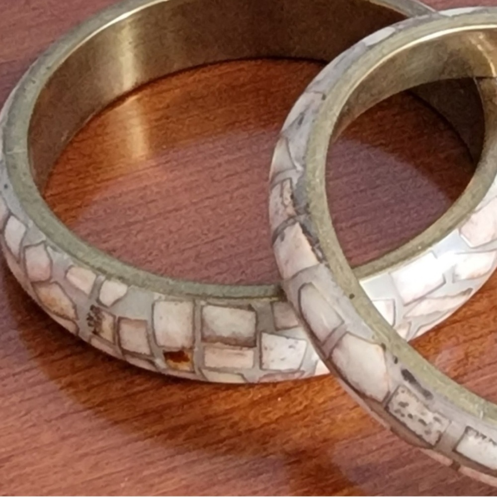 White Mosaic Inlay Bangle Bracelets - Set of 2 - Picture 3 of 3